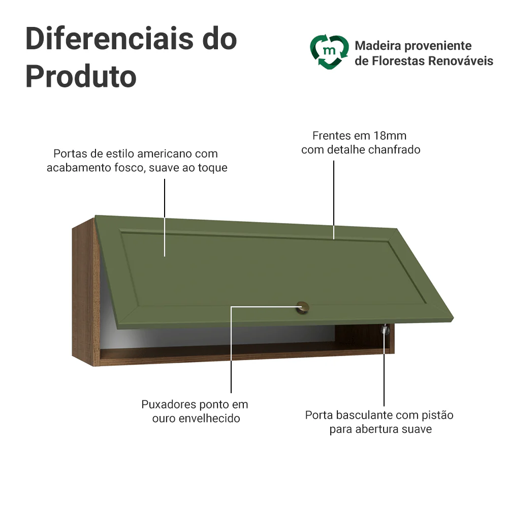 Armário Aéreo 80 cm 1 Porta Basculante Rustic/Verde Vik Madesa - Image 3
