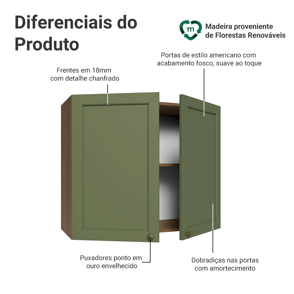 Armário Aéreo 80 cm 2 Portas Rustic/Verde Vik Madesa - Image 3