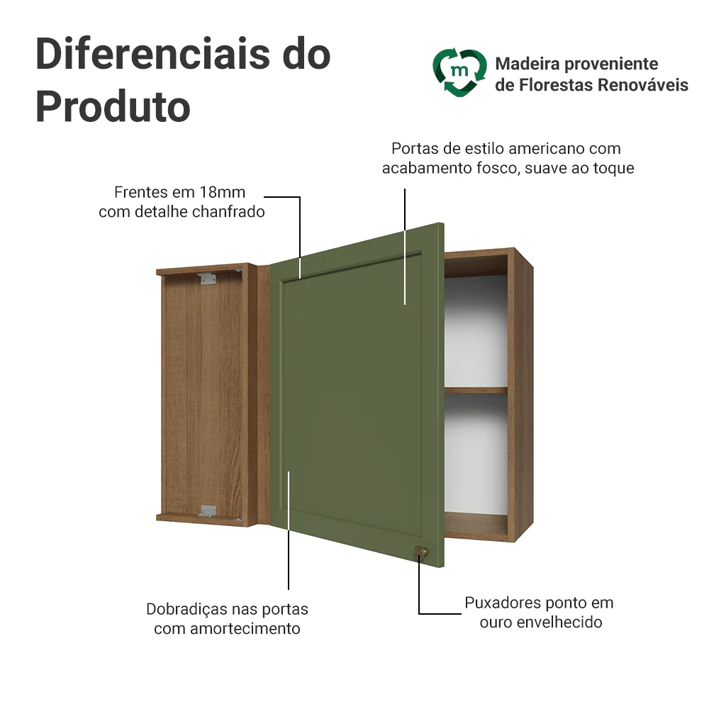 Armário Aéreo de Canto 1 Porta Rustic/Verde Vik Madesa - Image 3