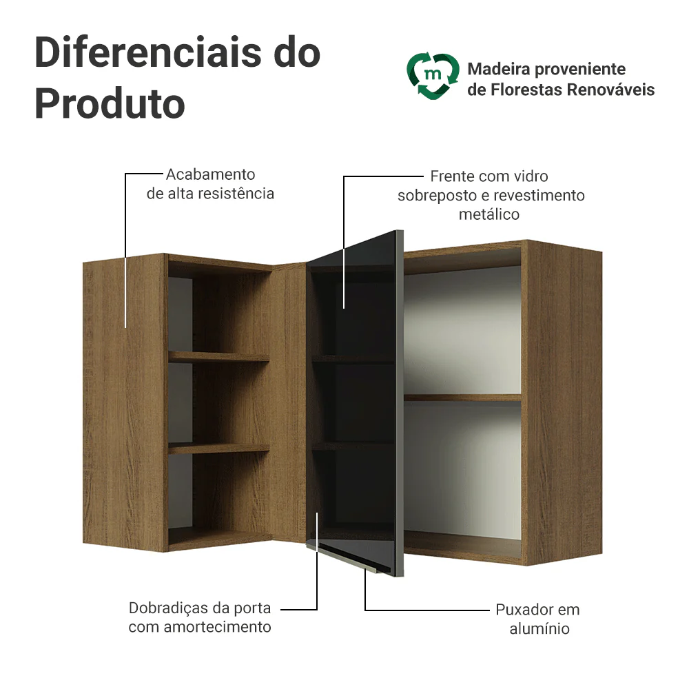 Armário Aéreo de Canto com Adega Acoplada Madesa Lux 1 Porta Rustic/Preto - Image 3