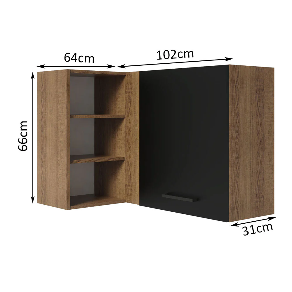 Armário Aéreo de Canto Madesa Agata 1 Porta para linha de 60 cm de profundidade Rustic/Preto - Image 2