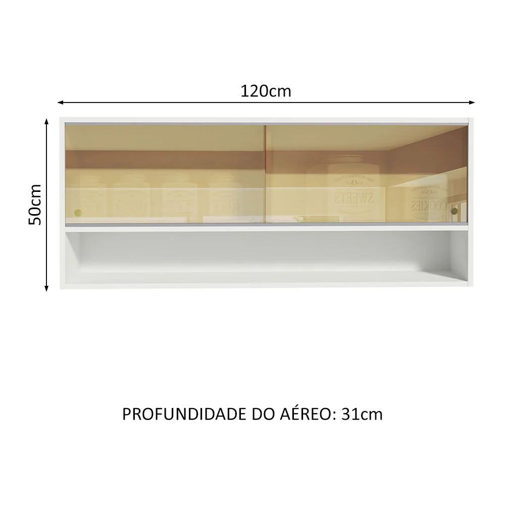 Armário Aéreo Madesa 120cm 2 Portas Correr Vidro Reflex 1 Nicho para Cozinhas Glamy, Lux e Reims Branco - Image 2