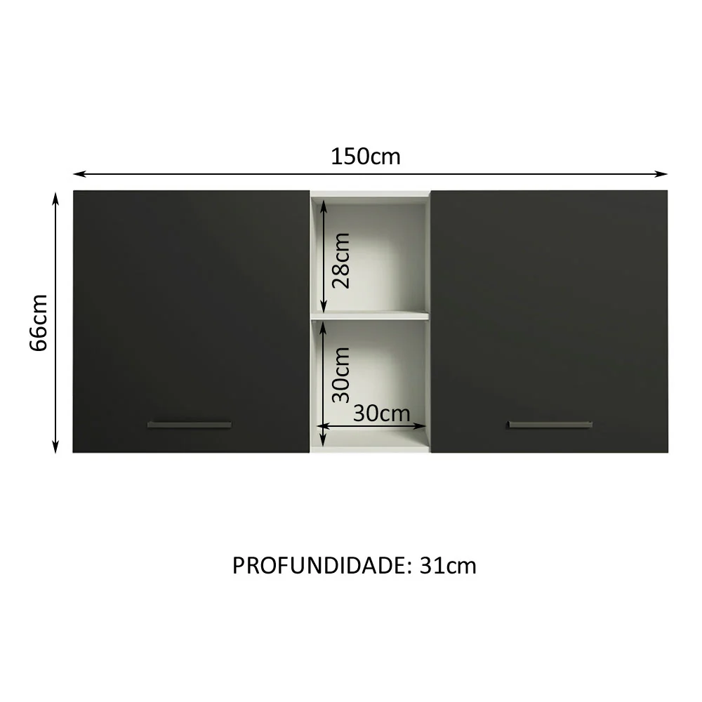 Armário Aéreo Madesa Agata 150 cm 2 Portas e 2 Nichos Branco/Preto - Image 2