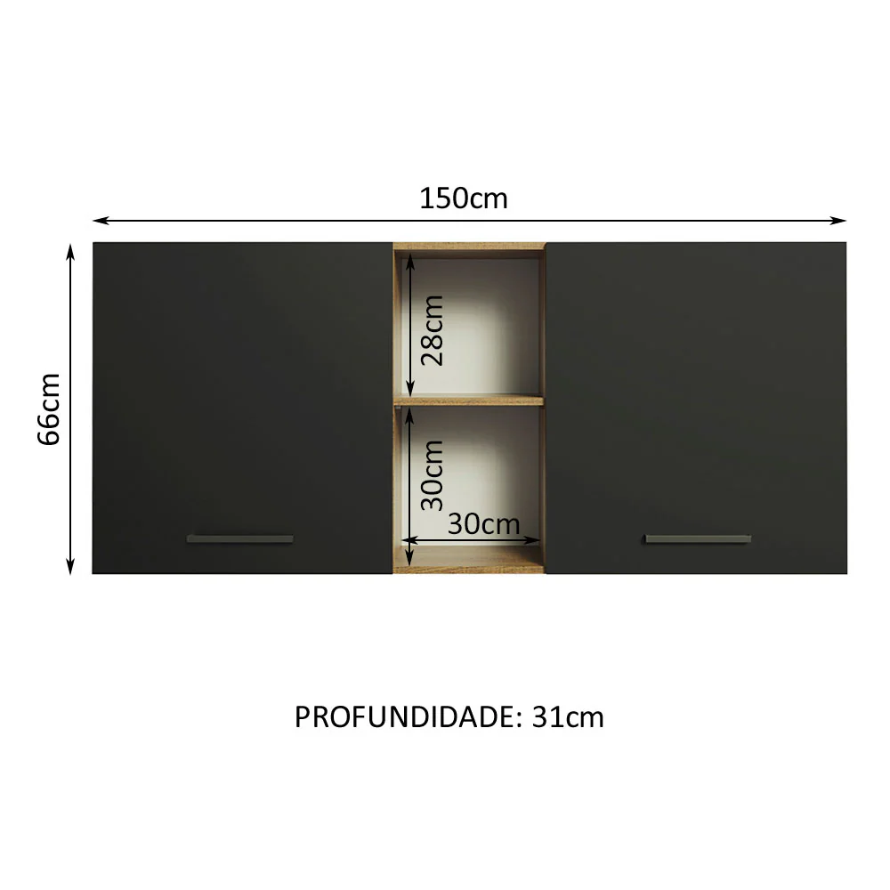 Armário Aéreo Madesa Agata 150 cm 2 Portas e 2 Nichos Rustic/Preto - Image 2