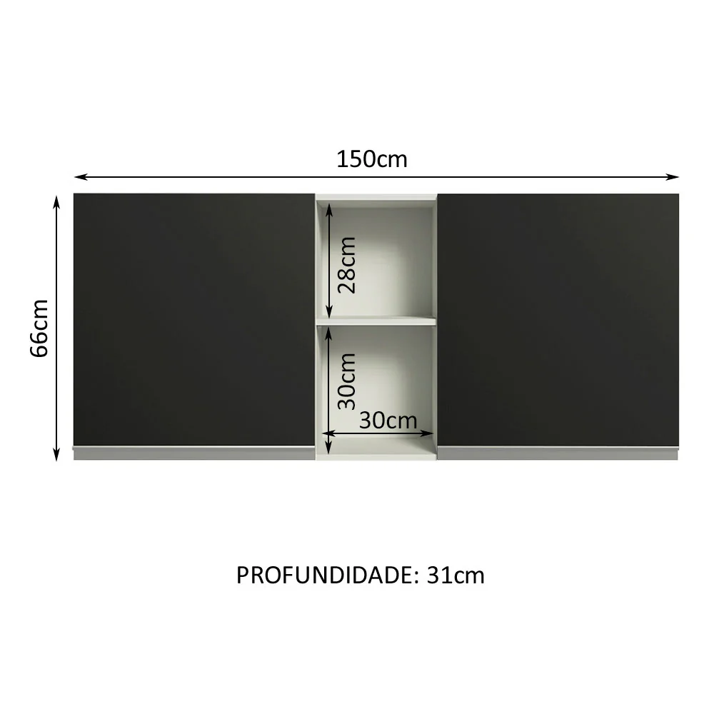 Armário Aéreo Madesa Glamy 150 cm 2 Portas e 2 Nichos Branco/Preto - Image 2
