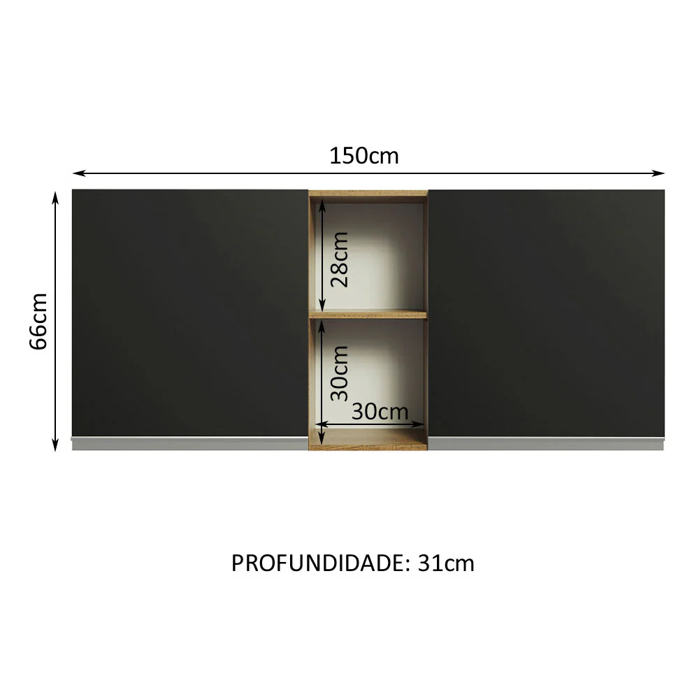 Armário Aéreo Madesa Glamy 150 cm 2 Portas e 2 Nichos Rustic/Preto - Image 2