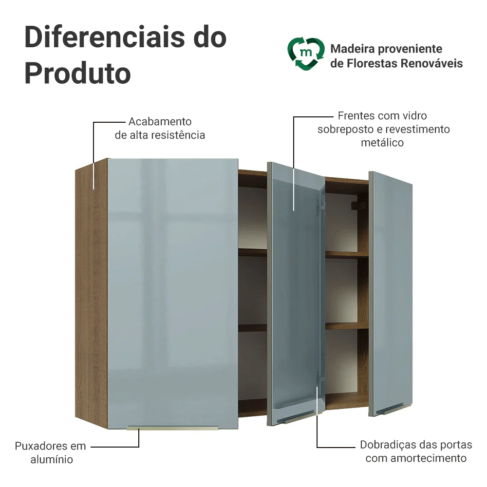 Armário Aéreo Madesa Lux 120 cm 3 Portas Rustic/Cinza - Image 3