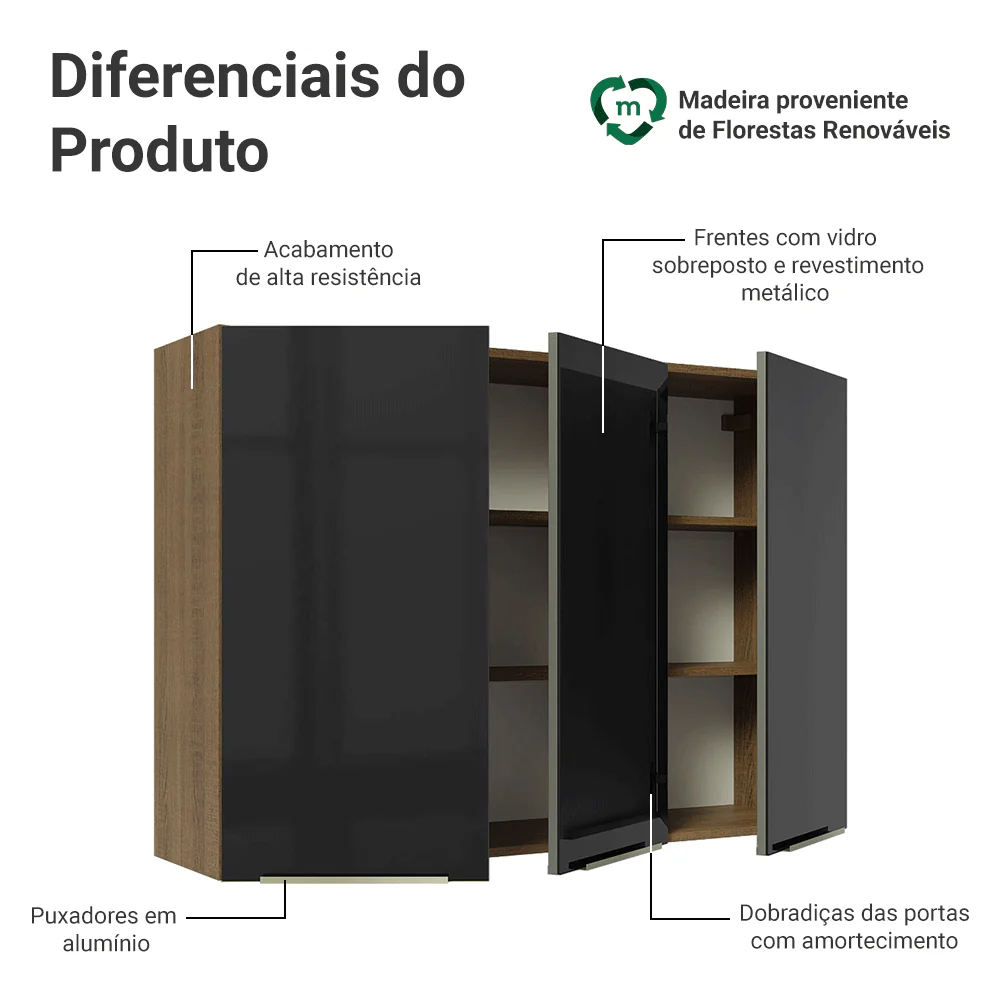 Armário Aéreo Madesa Lux 120 cm 3 Portas Rustic/Preto - Image 3