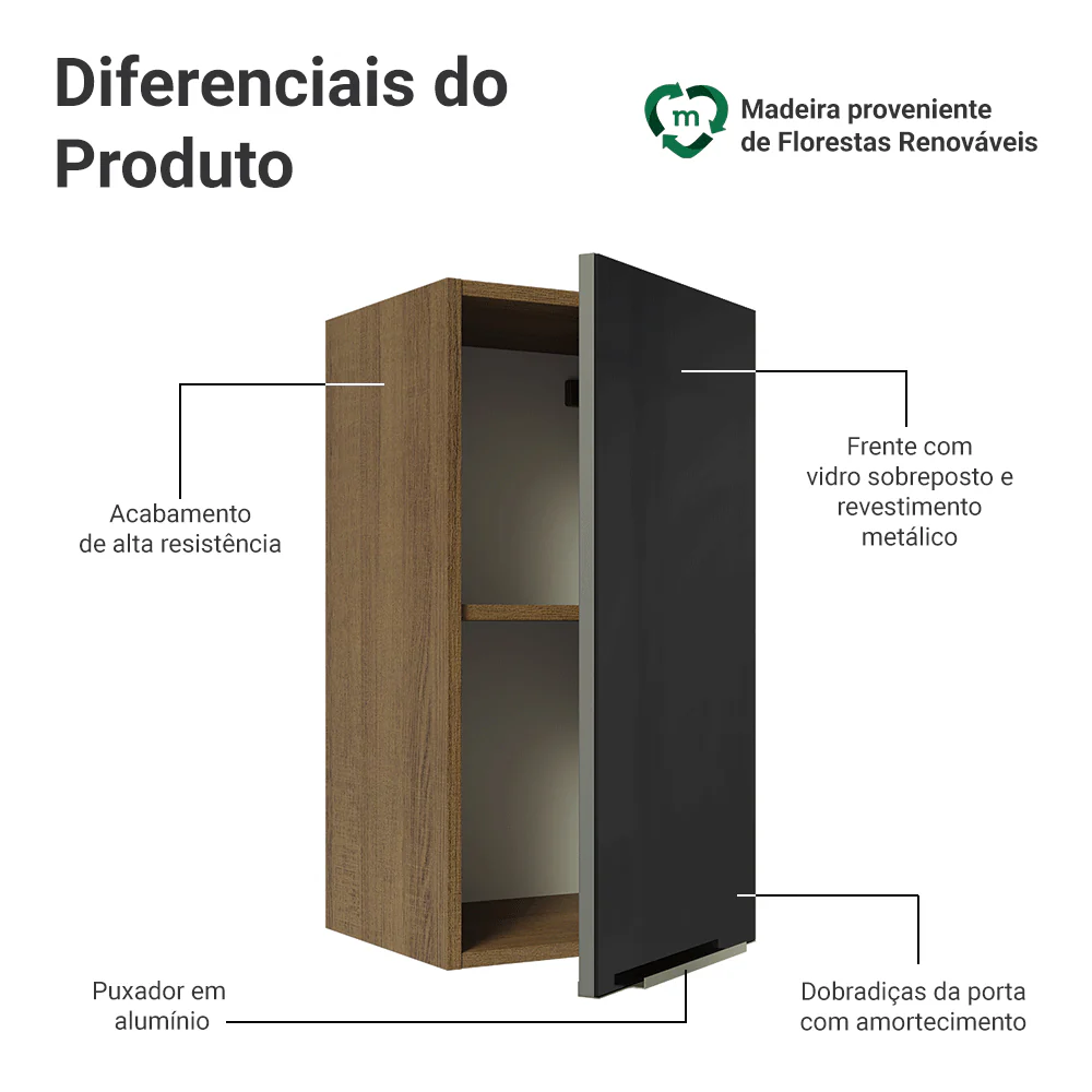 Armário Aéreo Madesa Lux 35 cm 1 Porta Rustic/Preto - Image 3