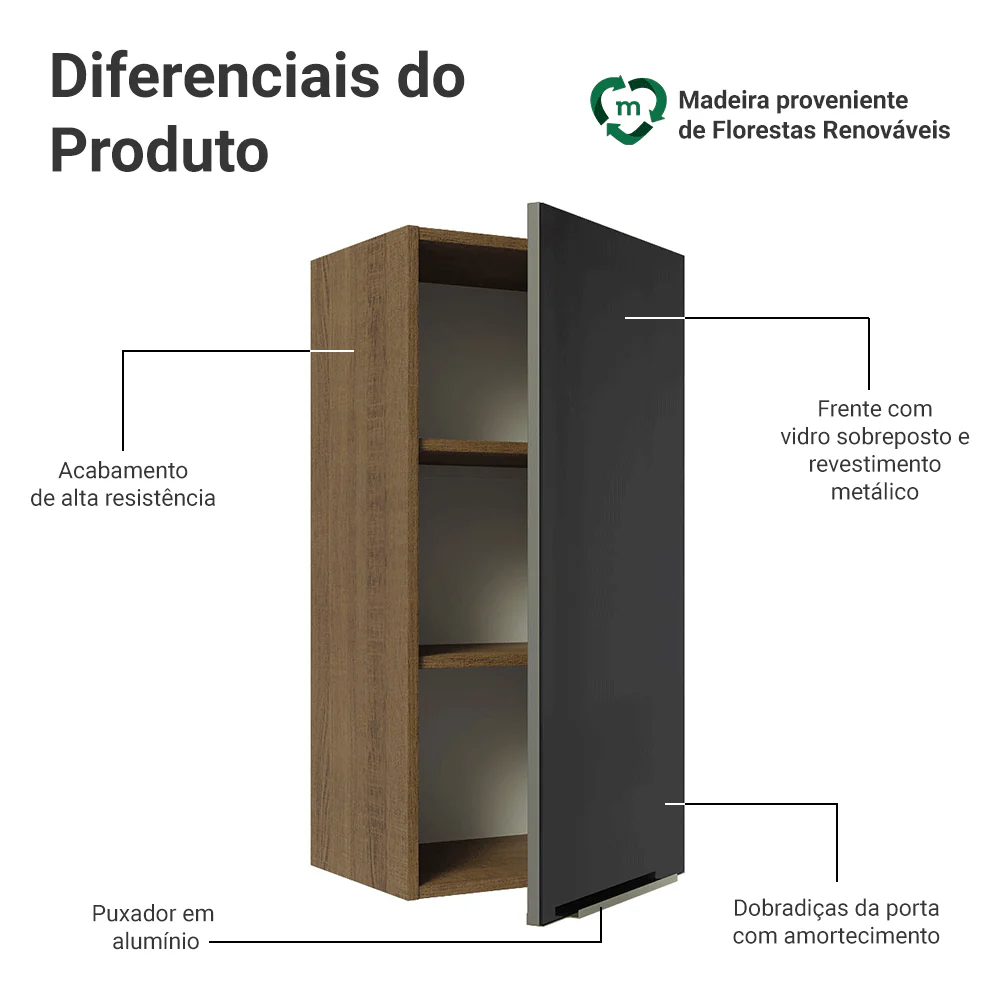 Armário Aéreo Madesa Lux 40 x 83 cm 1 Porta Rustic/Preto - Image 3