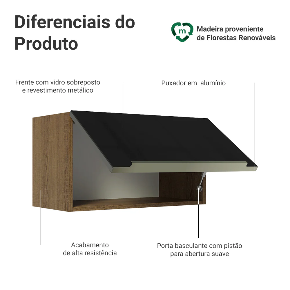Armário Aéreo Madesa Lux 60 cm 1 Porta Basculante Rustic/Preto - Image 3