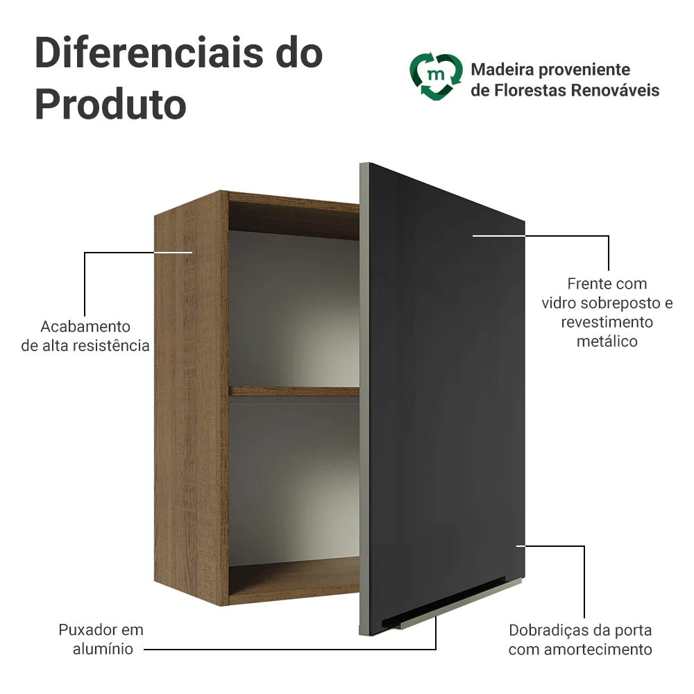 Armário Aéreo Madesa Lux 60 cm 1 Porta Rustic/Preto - Image 3