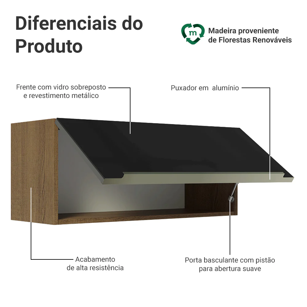 Armário Aéreo Madesa Lux 80 cm 1 Porta Basculante Rustic/Preto - Image 3