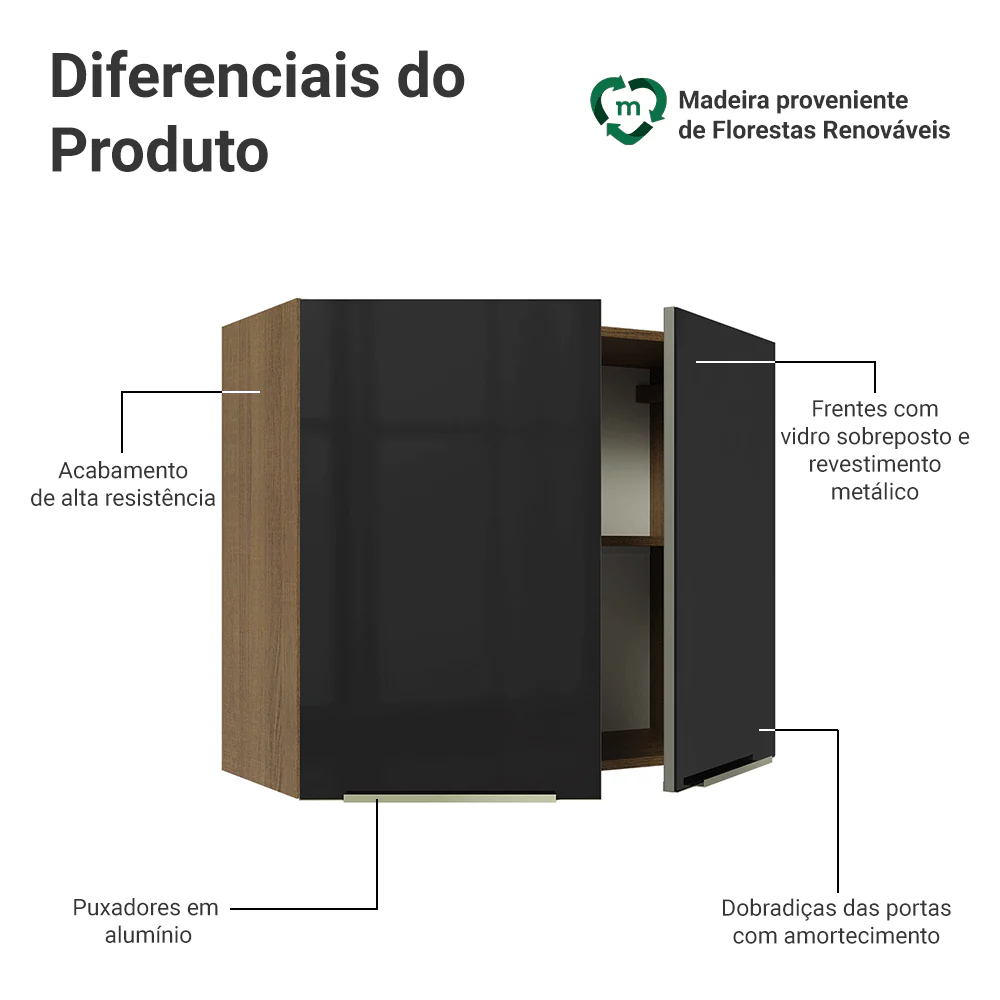 Armário Aéreo Madesa Lux 80 cm 2 Portas Rustic/Preto - Image 3