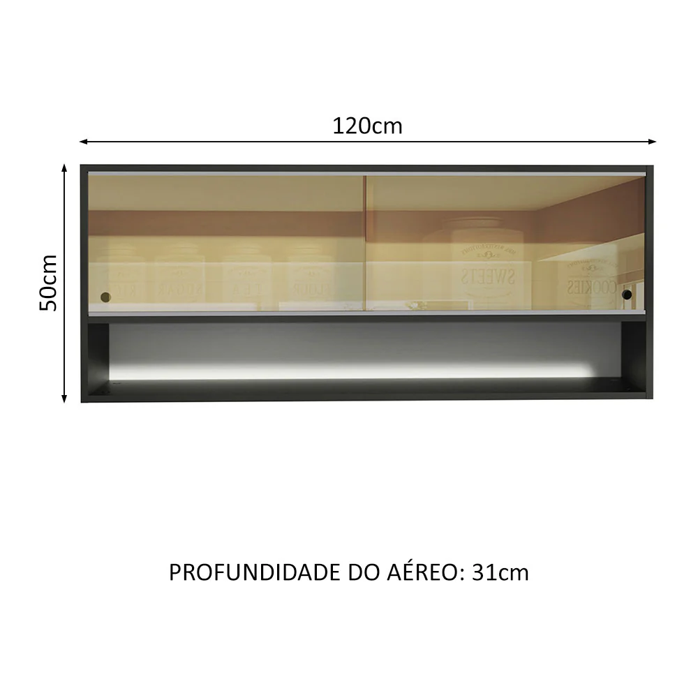 Armário Aéreo Madesa Reims 120cm 2 Portas de Correr de Vidro Reflex 1 Nicho Preto - Image 2