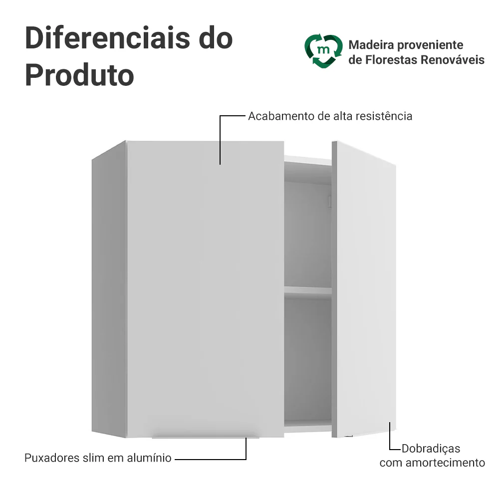 Armário Aéreo para Quarto 70 cm 2 Portas Branco Neo Madesa - Image 3