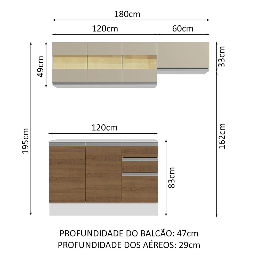 Armário de Cozinha Compacta 100% MDF 180cm Branco/Rustic/Crema Smart Madesa 02 - Image 3