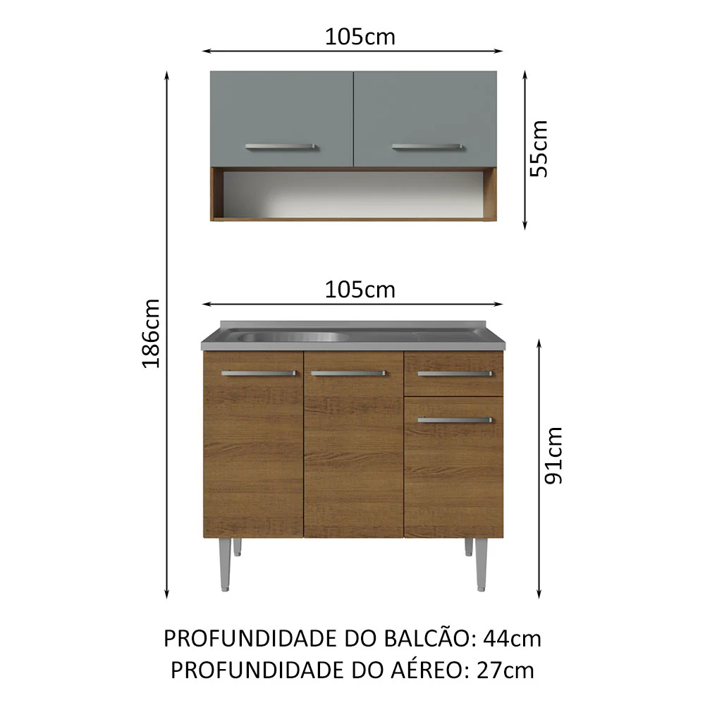 Armário de Cozinha Compacta 105cm com Pia Rustic/Cinza Emilly Madesa 04 - Image 3