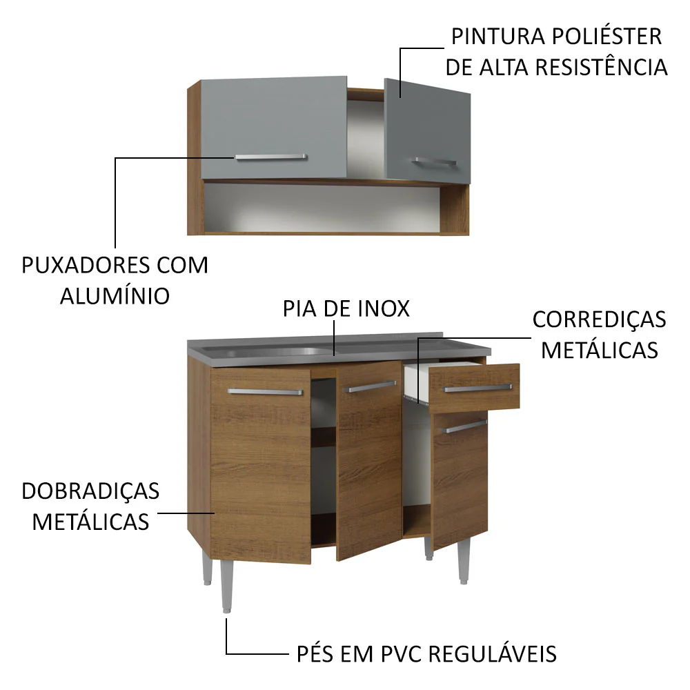 Armário de Cozinha Compacta 105cm com Pia Rustic/Cinza Emilly Madesa 04 - Image 4