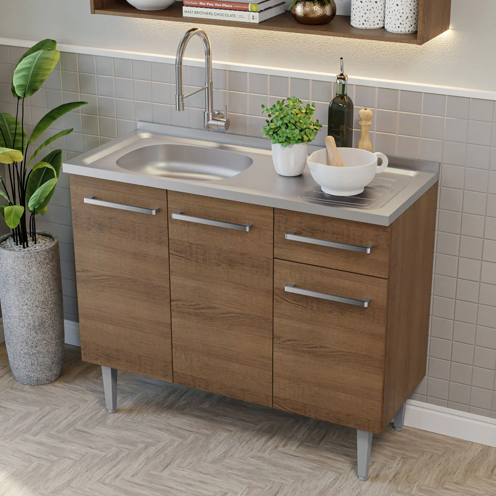 Armário de Cozinha Compacta 105cm com Pia Rustic/Cinza Emilly Madesa 04 - Image 5