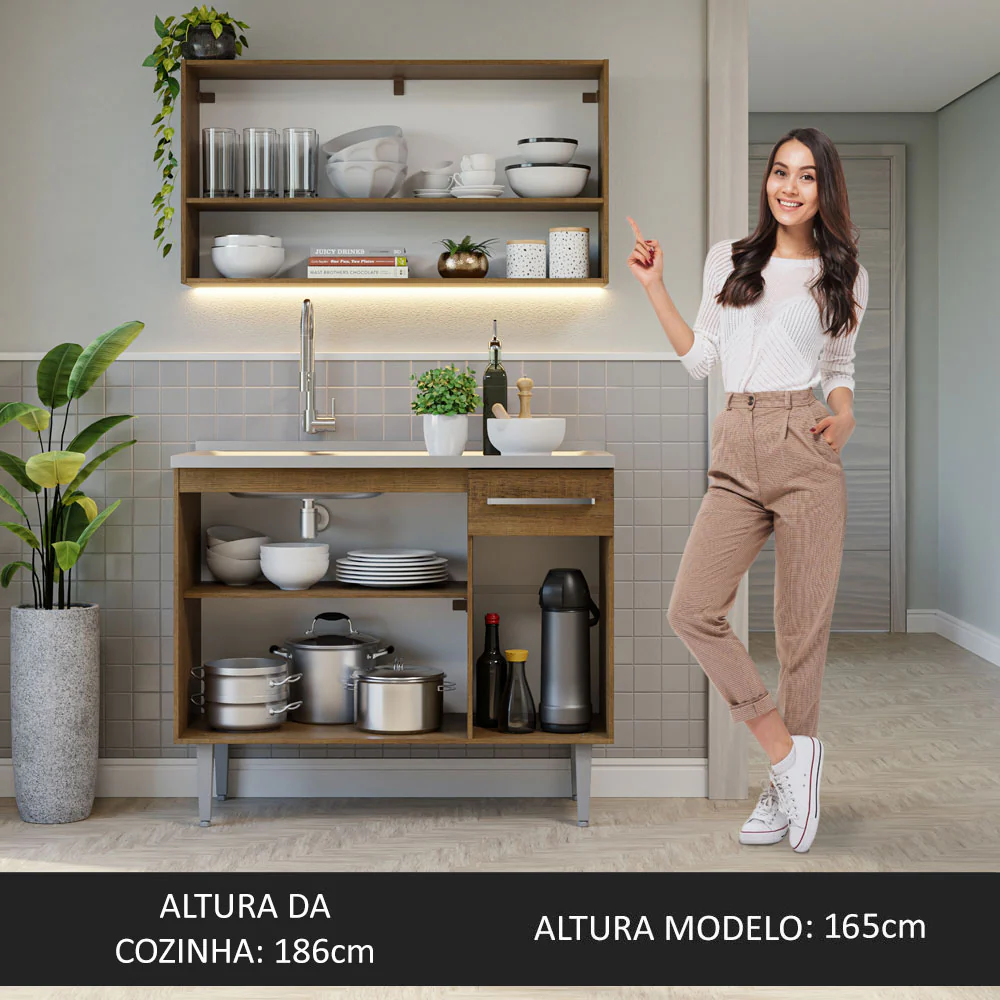 Armário de Cozinha Compacta 105cm com Pia Rustic/Cinza Emilly Madesa 04 - Image 6