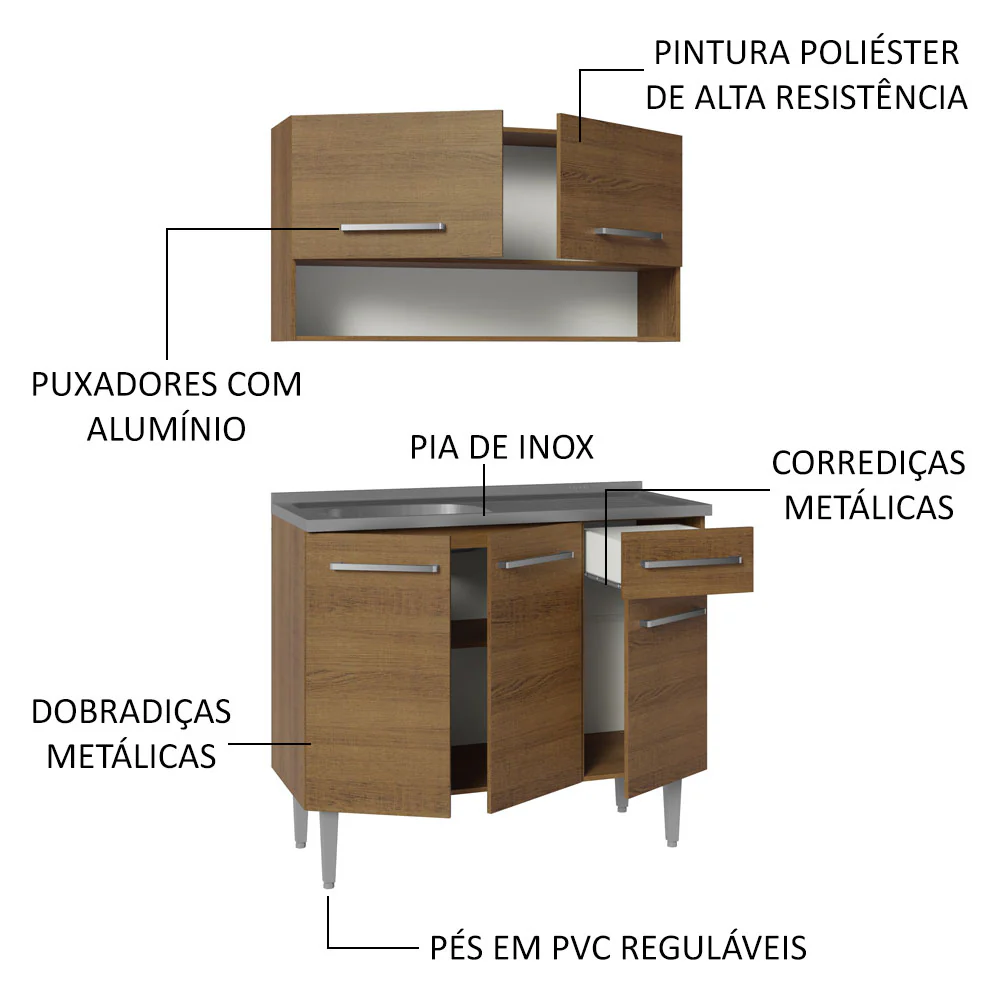Armário de Cozinha Compacta 105cm com Pia Rustic Emilly Madesa 04 - Image 4