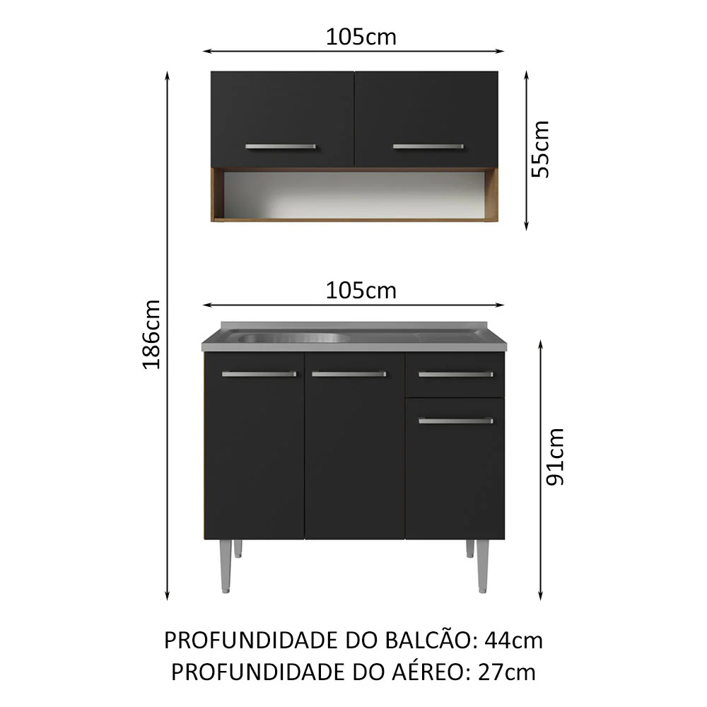 Armário de Cozinha Compacta 105cm com Pia Rustic/Preto Emilly Madesa 04 - Image 3