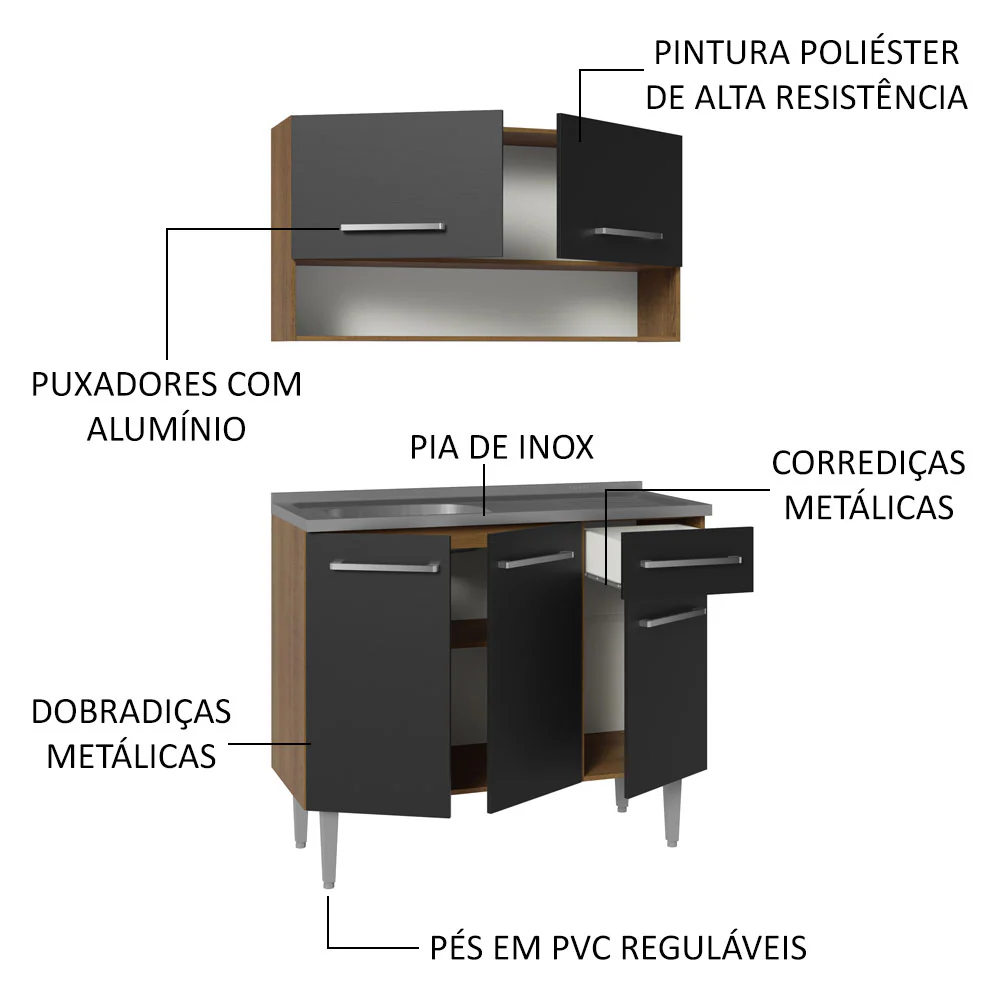 Armário de Cozinha Compacta 105cm com Pia Rustic/Preto Emilly Madesa 04 - Image 4
