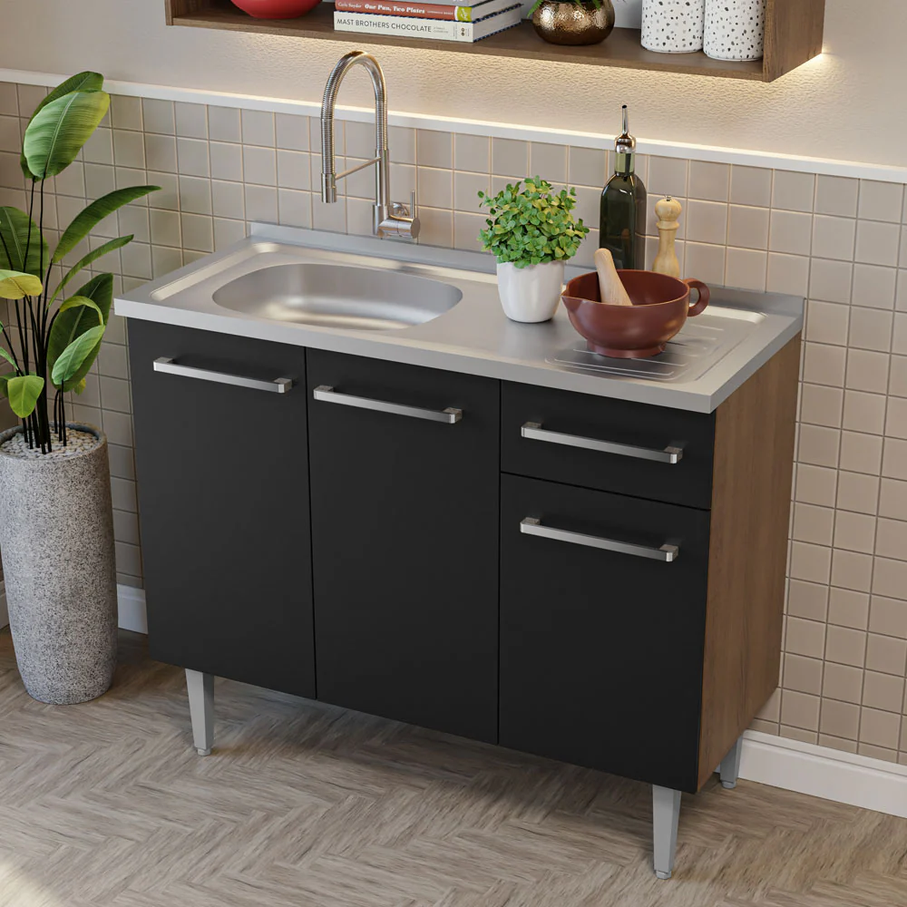 Armário de Cozinha Compacta 105cm com Pia Rustic/Preto Emilly Madesa 04 - Image 5