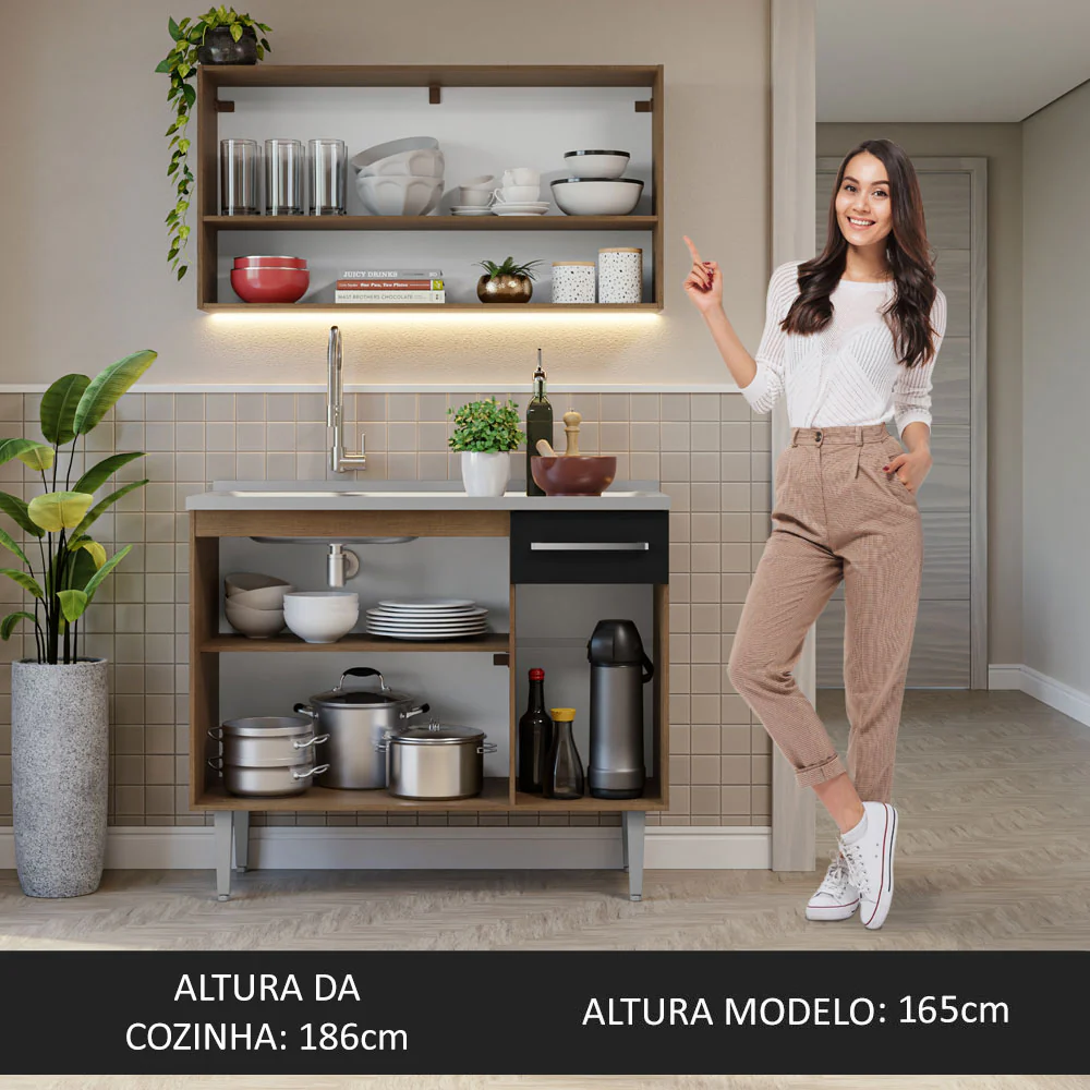 Armário de Cozinha Compacta 105cm com Pia Rustic/Preto Emilly Madesa 04 - Image 6