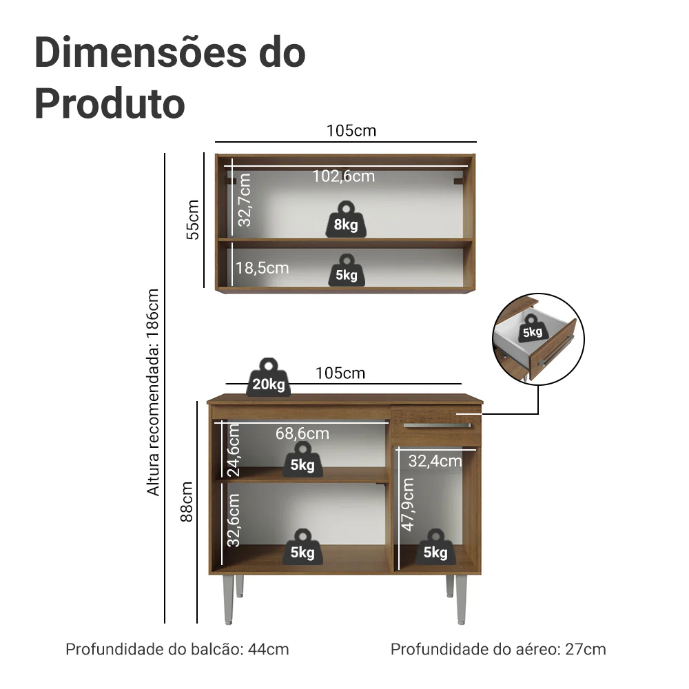 Armário de Cozinha Compacta 105cm Rustic/Cinza Emilly Madesa 03 - Image 3