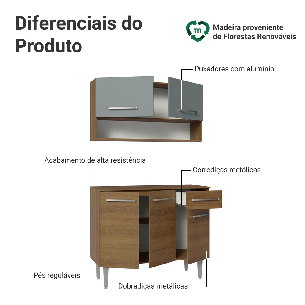 Armário de Cozinha Compacta 105cm Rustic/Cinza Emilly Madesa 03 - Image 4