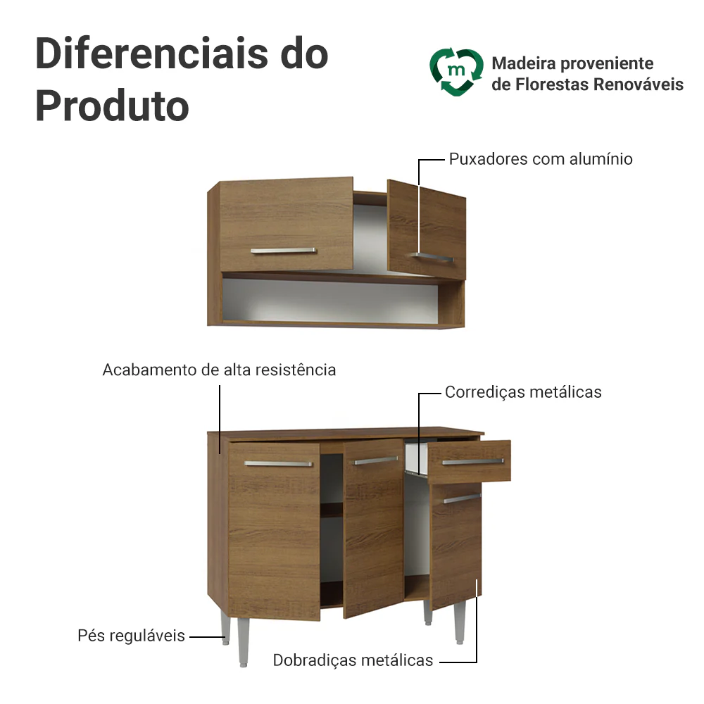 Armário de Cozinha Compacta 105cm Rustic Emilly Madesa 03 - Image 4