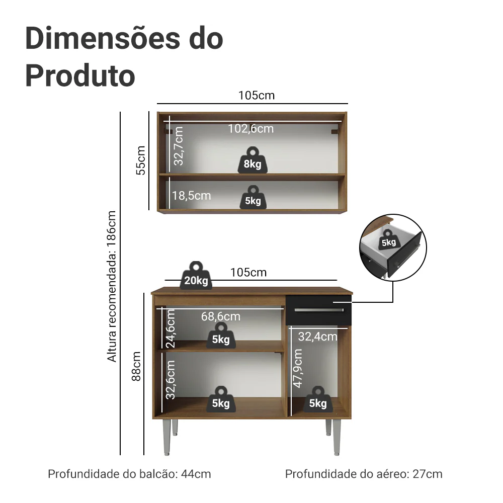 Armário de Cozinha Compacta 105cm Rustic/Preto Emilly Madesa 03 - Image 3