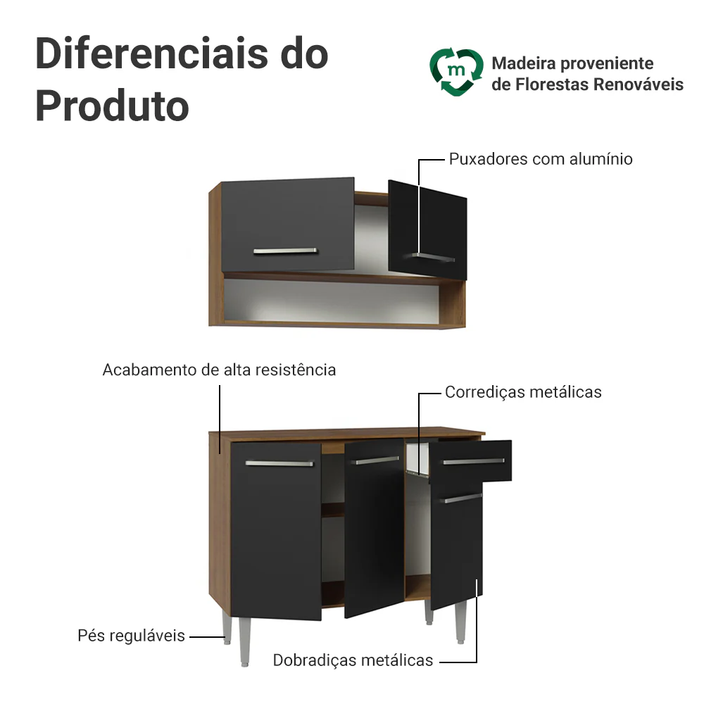 Armário de Cozinha Compacta 105cm Rustic/Preto Emilly Madesa 03 - Image 4