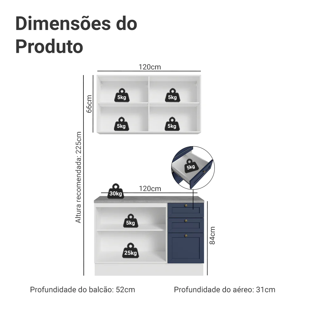 Armário de Cozinha Compacta 120 cm Branco/Azul Vik Madesa 01 - Image 3