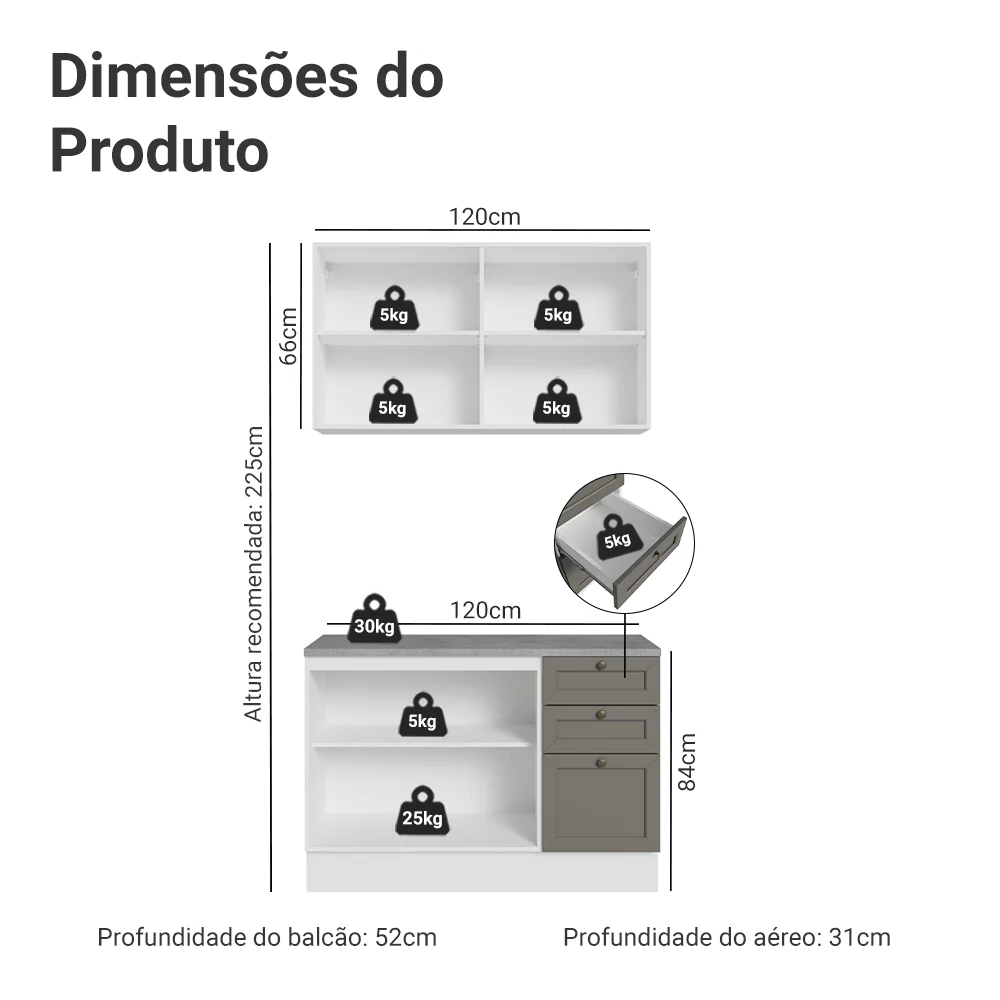Armário de Cozinha Compacta 120 cm Branco/Cinza Vik Madesa 01 - Image 3