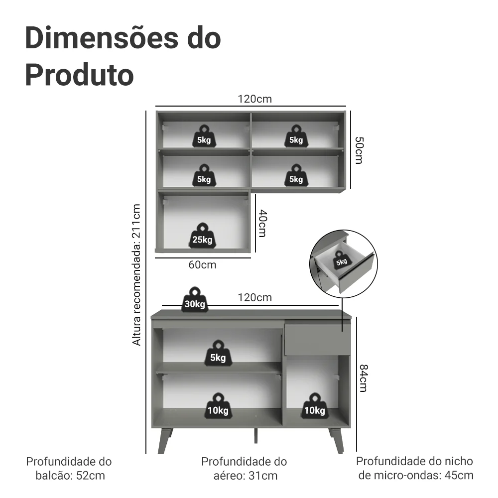 Armário de Cozinha Compacta 120 cm Cinza Nice Madesa 05 - Image 3