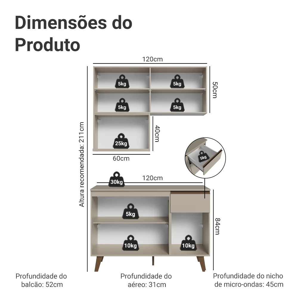Armário de Cozinha Compacta 120 cm Crema Nice Madesa 05 - Image 3