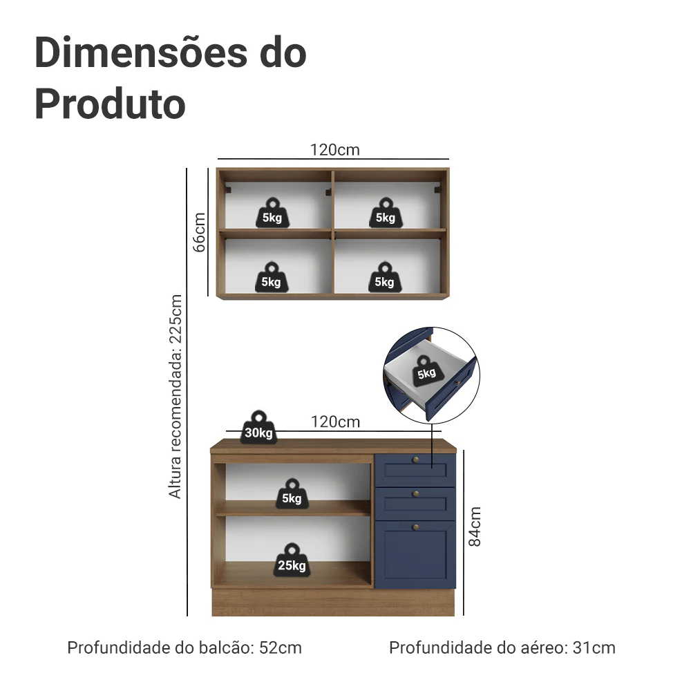 Armário de Cozinha Compacta 120 cm Rustic/Azul Vik Madesa 01 - Image 3