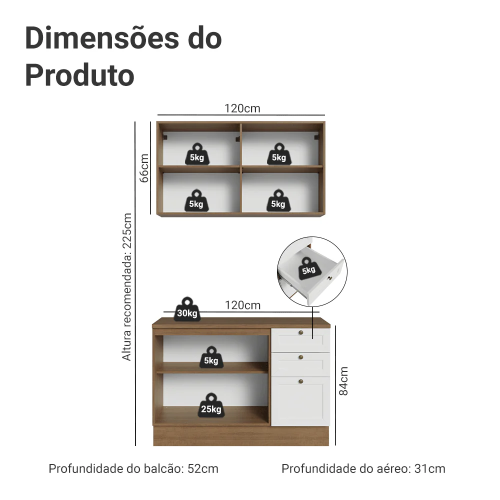 Armário de Cozinha Compacta 120 cm Rustic/Branco Vik Madesa 01 - Image 3