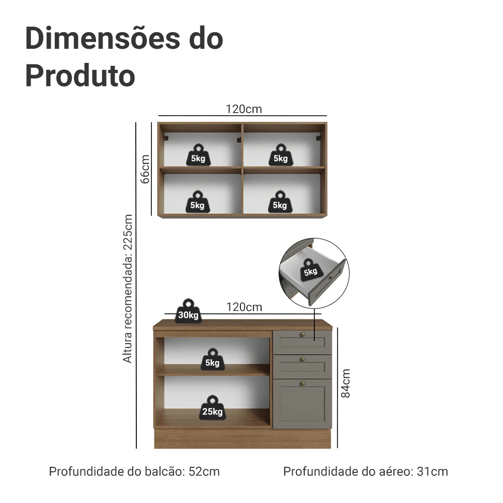 Armário de Cozinha Compacta 120 cm Rustic/Cinza Vik Madesa 01 - Image 3
