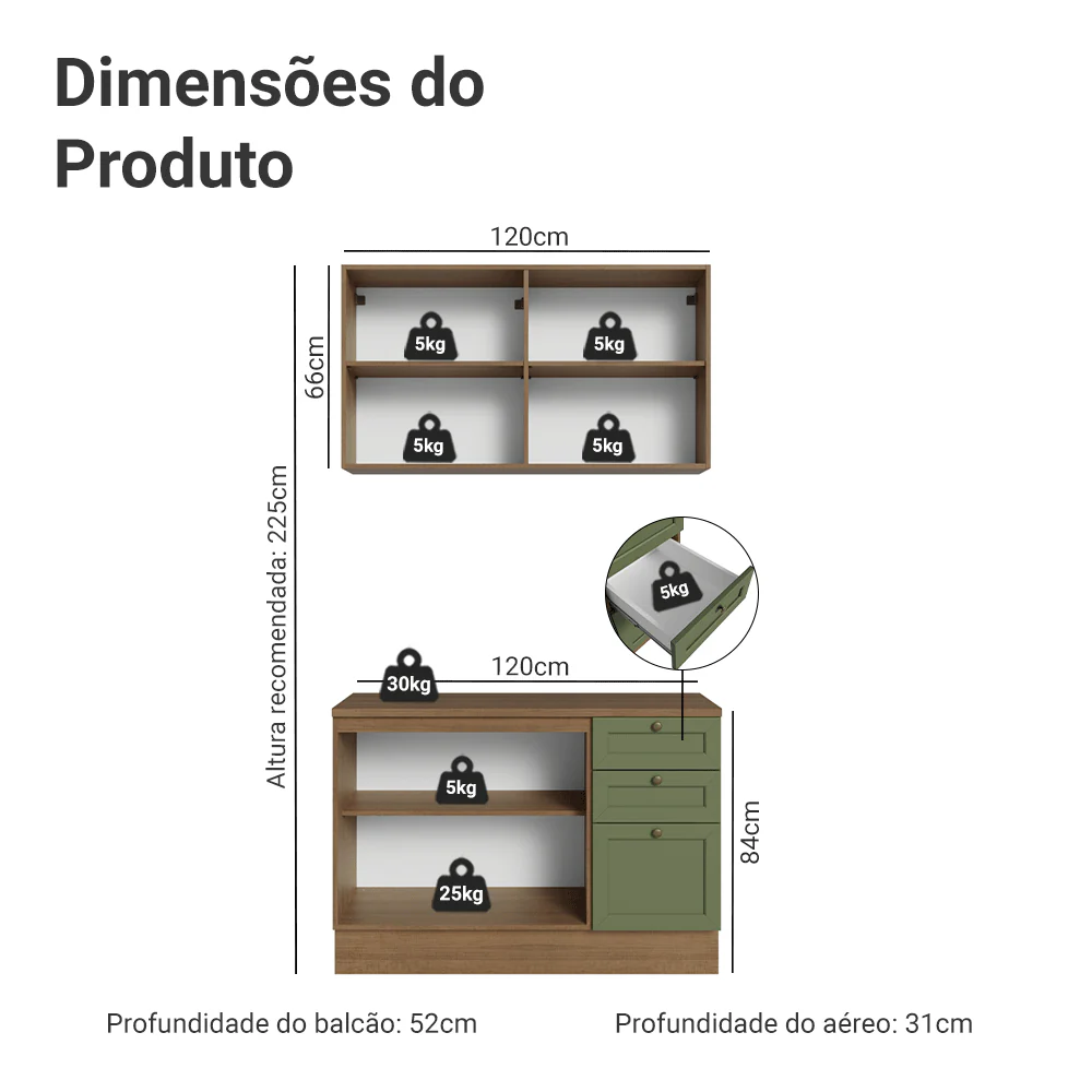 Armário de Cozinha Compacta 120 cm Rustic/Verde Vik Madesa 01 - Image 3