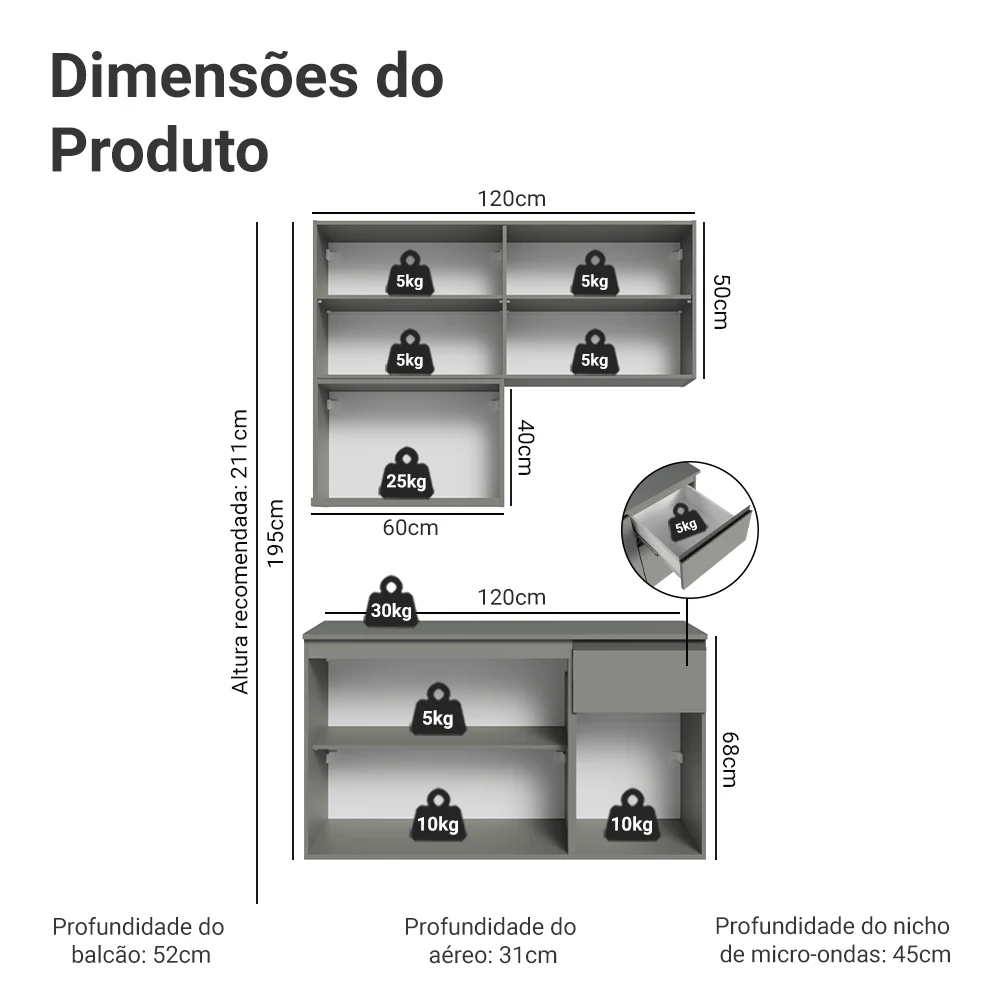 Armário de Cozinha Compacta 120 cm Suspensa Cinza Nice Madesa 06 - Image 3