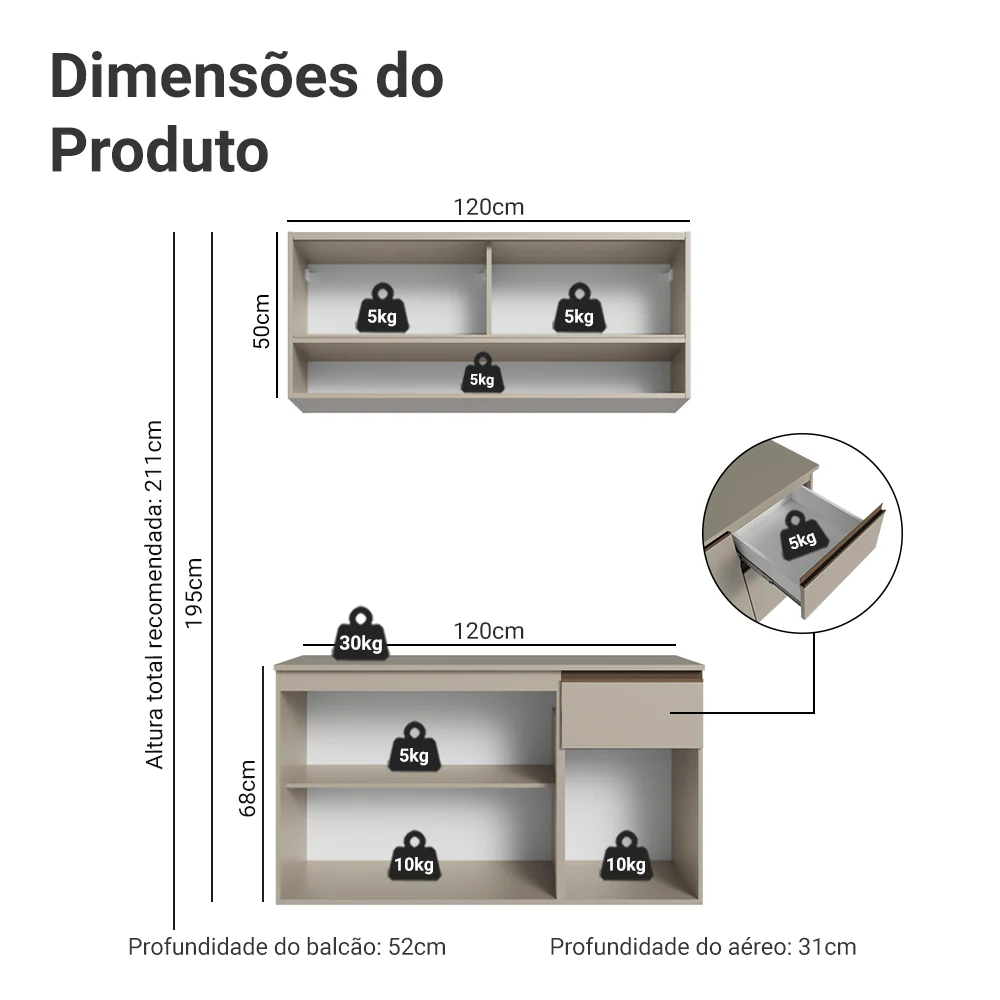 Armário de Cozinha Compacta 120 cm Suspensa Crema Nice Madesa 03 - Image 3