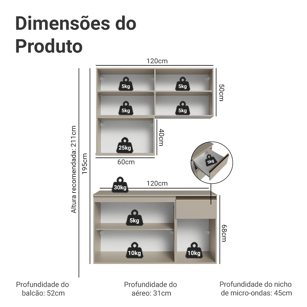 Armário de Cozinha Compacta 120 cm Suspensa Crema Nice Madesa 06 - Image 3