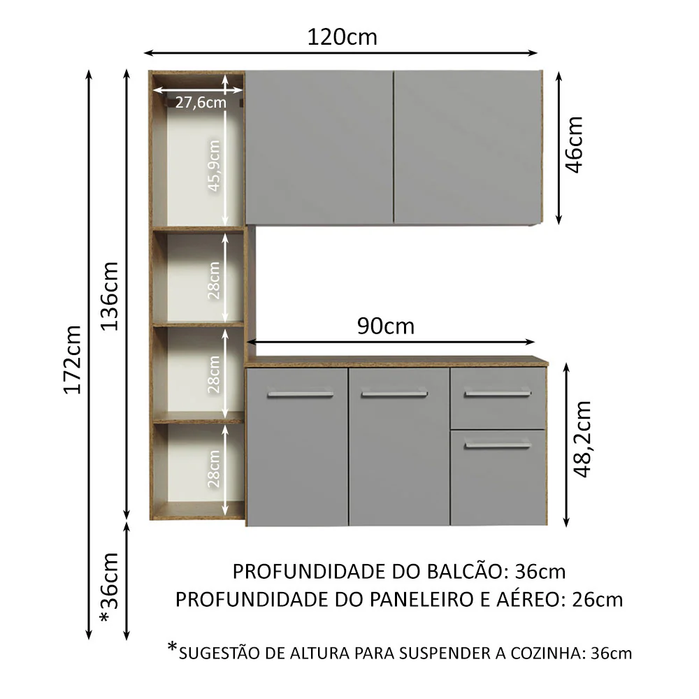 Armário de Cozinha Compacta 120cm Rustic/Cinza Easy Madesa - Image 3