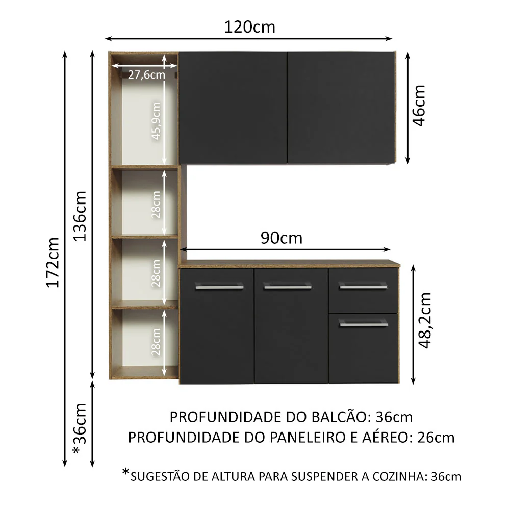 Armário de Cozinha Compacta 120cm Rustic/Preto Easy Madesa - Image 3