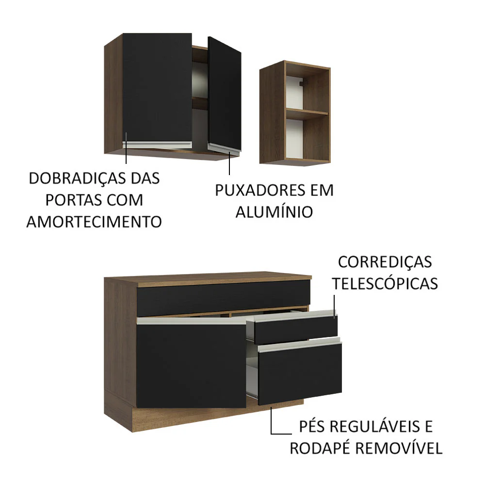 Armário de Cozinha Compacta 120cm Rustic/Preto Glamy Madesa 08 - Image 4