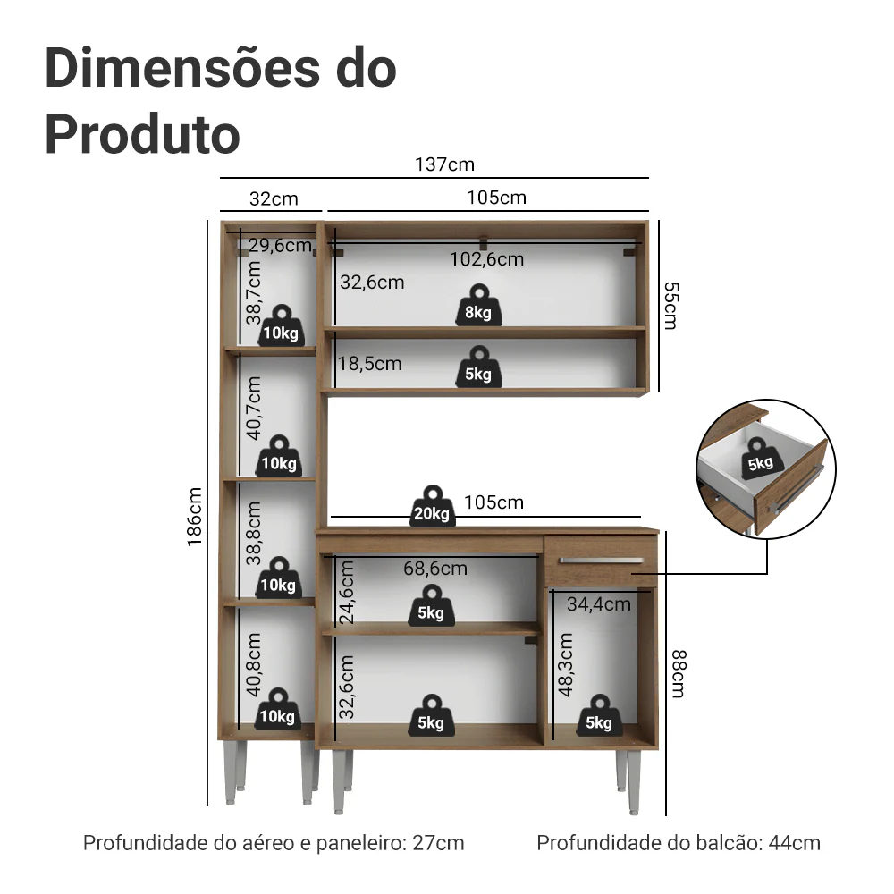 Armário de Cozinha Compacta 137 cm Rustic/Cinza Emilly Madesa 012 - Image 3